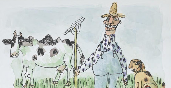 Cartoon drawing of farmer and animals by William Steig