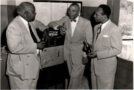 Left to right: Dr. William H. Jones, President of Tillotson College; Dr. Matthew Simpson Davage, President of newly merged Huston-Tillotson College; and Dr. Robert F. Harrington, President of Samuel Huston College. 