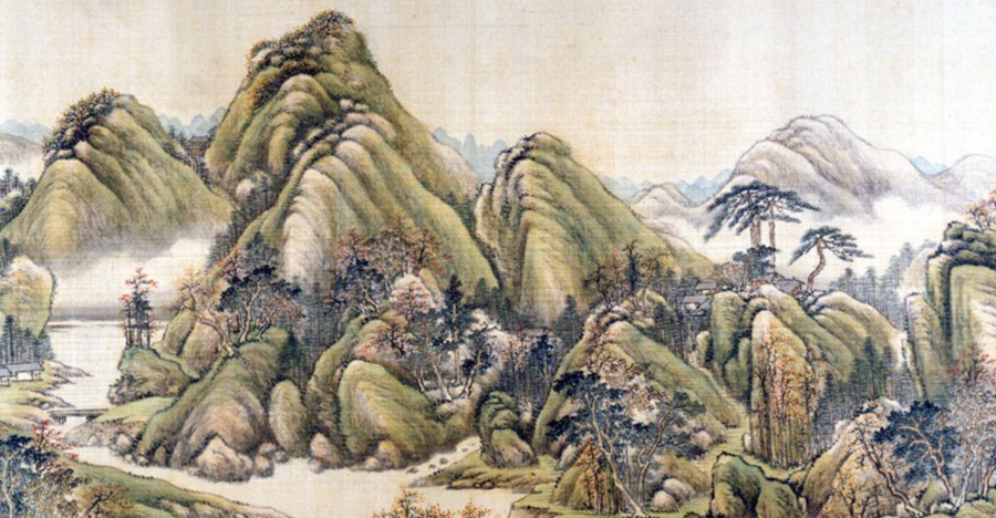 A serene, mountainous landscape painting from 1733 depicting rolling hills and misty forests, showcasing classic Japanese landscape artistry.