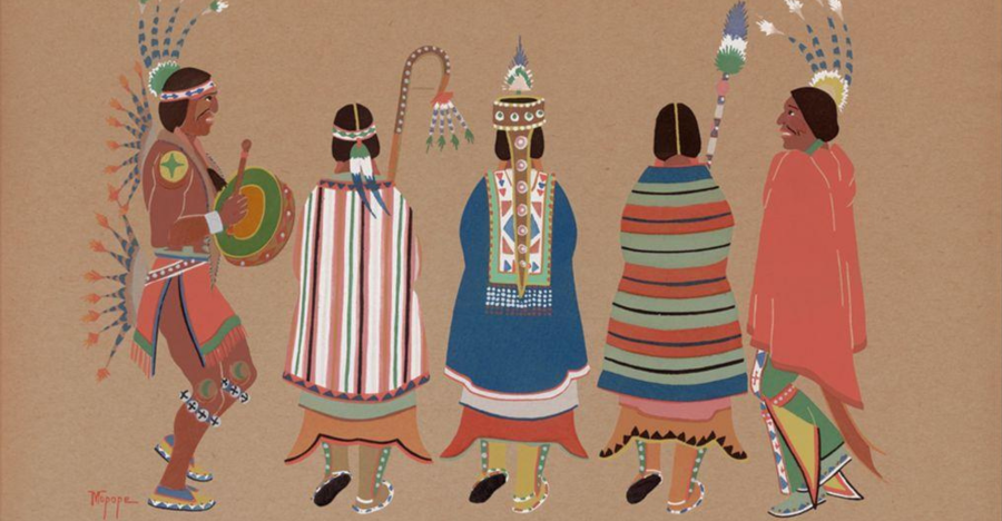 A 1929 pochoir print by artist Stephen Mopope illustrating a ceremonial Native American dance scene with vibrant, traditional attire.