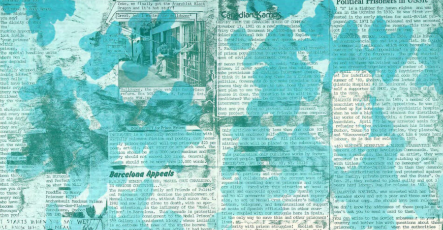 A digitally altered collage of blue-tinted newspaper clippings from the 