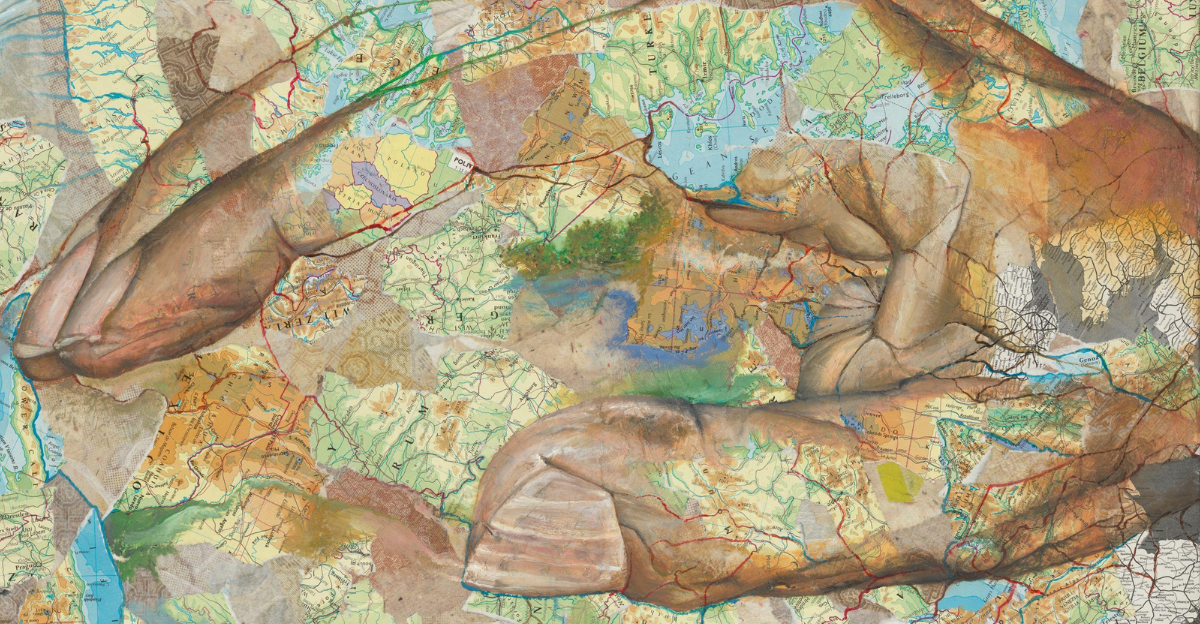 An artistic collage featuring overlapping maps with a depiction of two human arms intertwined, creating a dynamic, abstract composition. The arms appear as if they are embracing or resting on the landscape, blending human forms with geographic elements.