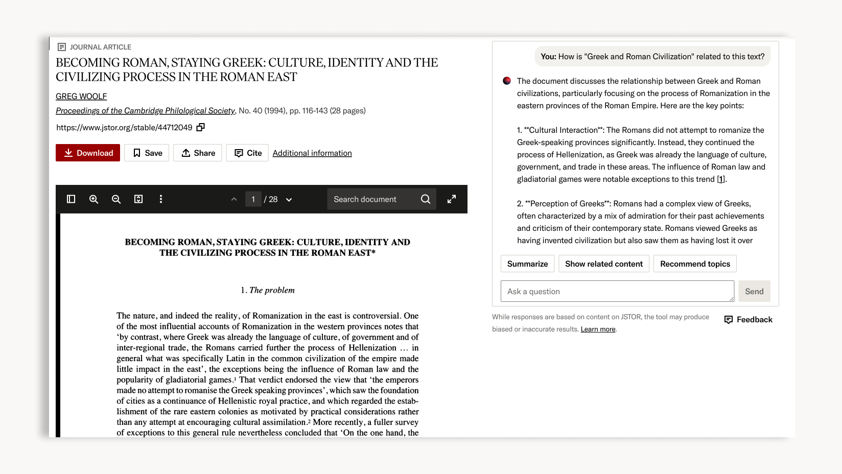 A JSTOR article view featuring the title 'Becoming Roman, Staying Greek: Culture, Identity and the Civilizing Process in the Roman East.' The interface shows a downloadable PDF button, a search bar for the document, and a right-hand panel with an interactive research tool displaying a summary of key points.